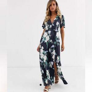 NWT ASOS Design Floral Flutter Sleeve Maxi Dress with Tassle Belt -size 14